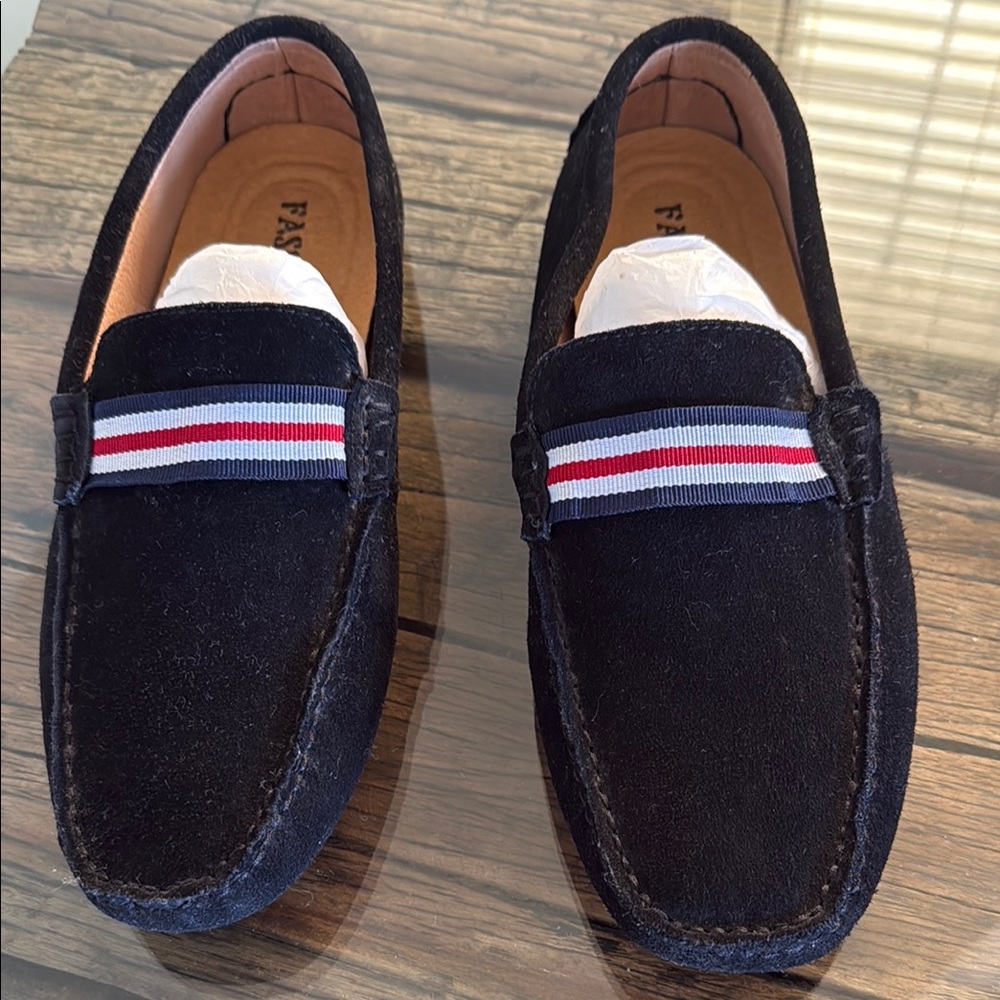 Men’s Black Suede Driving Loafers with Striped Detail
